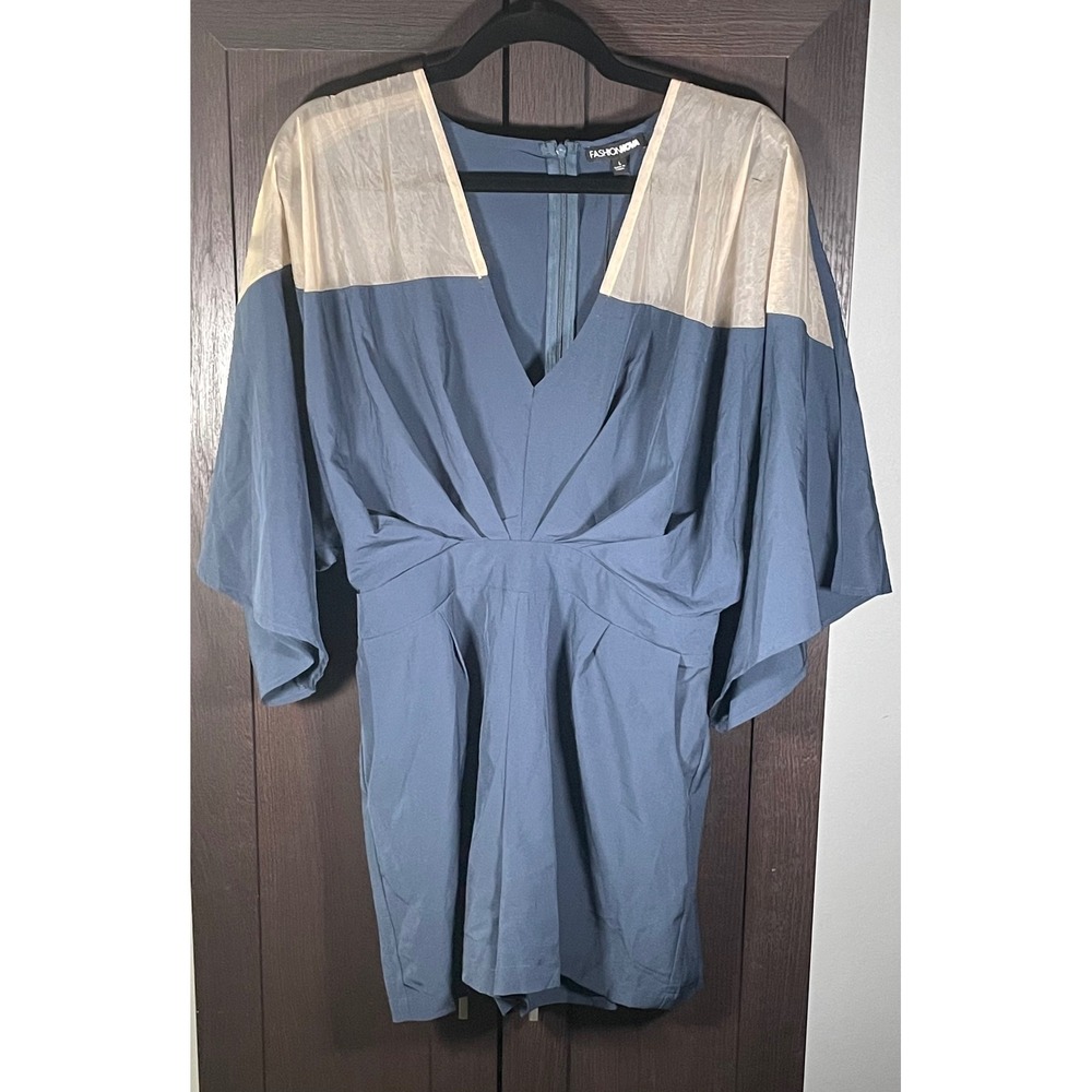 Fashion Nova Slate Blue Sheer Shoulder Kimono Sleeve V-Neck Romper NWT Size L